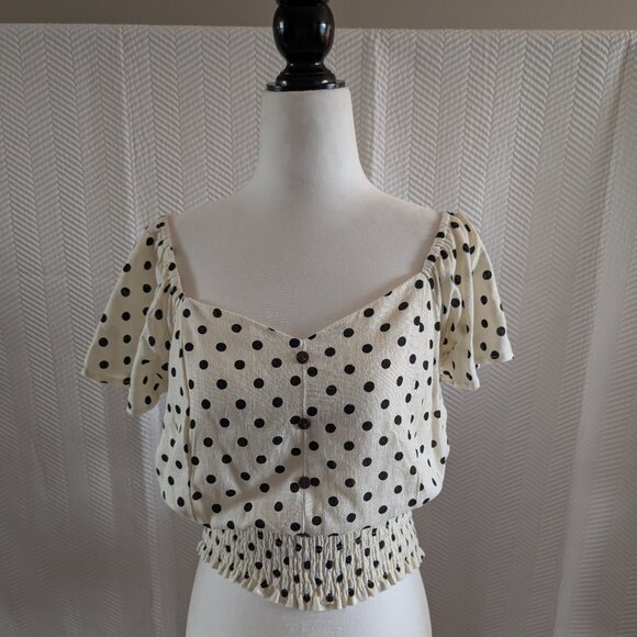 Monteau Los Angeles Polka Dot Linen Blend Top Size Large Smocked waistband - Picture 1 of 11